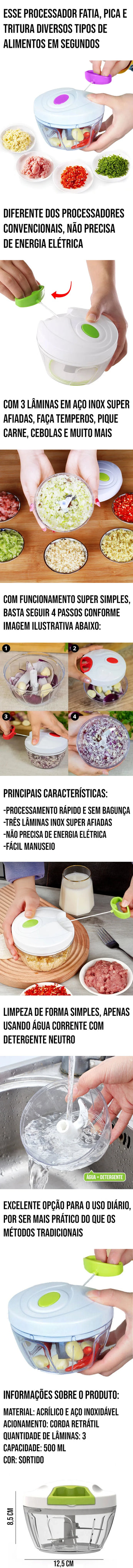 Processador manual com 3 lâminas afiadas para picar e triturar alimentos