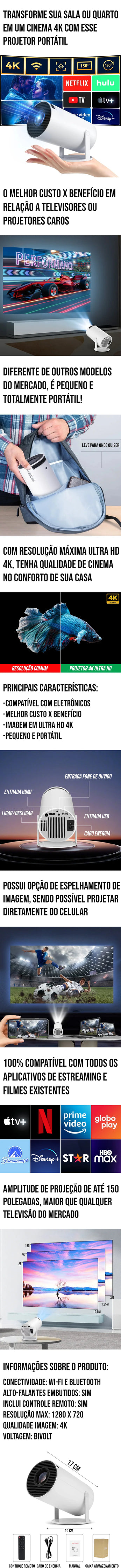 O Projetor Portátil Magcubic Pro 4k oferece resolução Ultra HD em um formato compacto e portátil, ideal para espelhamento de tela e streaming de vídeos, com projeção de até 150 polegadas