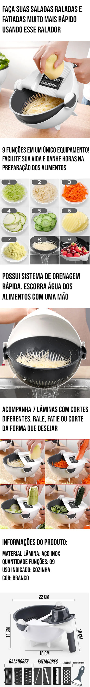 Ralador Multifuncional com 9 funções, incluindo fatiador de alimentos e ralador de queijo manual com lâminas de inox