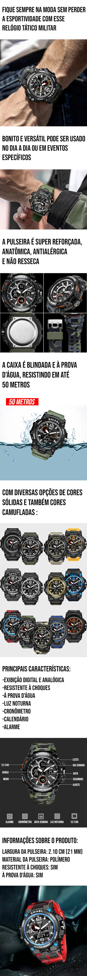 Relógio Esportivo Militar Smael com exibição digital e analógica, resistente à água e impactos