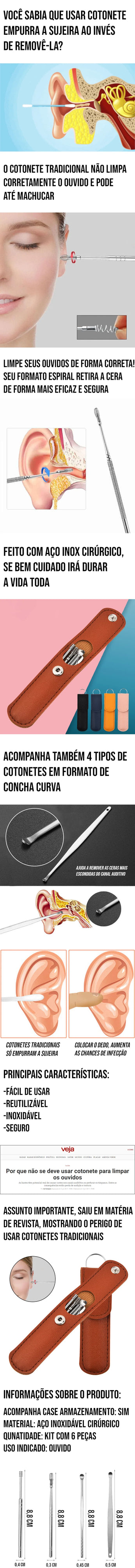 Removedor de Cera de Ouvido com design em aço inoxidável e 4 tipos de cotonetes