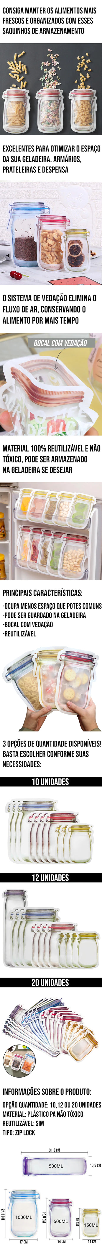 Saquinhos de armazenamento reutilizáveis com vedação hermética e zip lock