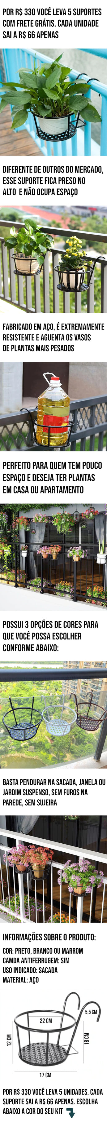 Suporte para vasos de plantas, resistente, de ferro, com instalação sem furos e design suspenso para varandas e jardins