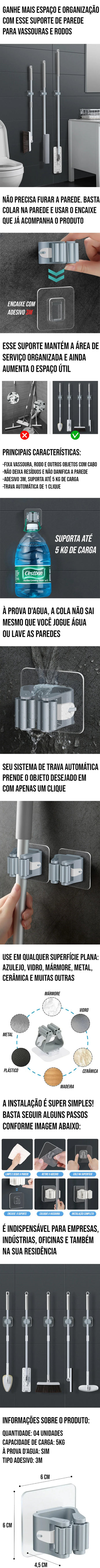 Suporte adesivo de parede para vassouras e rodos, fixação sem furos, ideal para áreas de serviço e organização