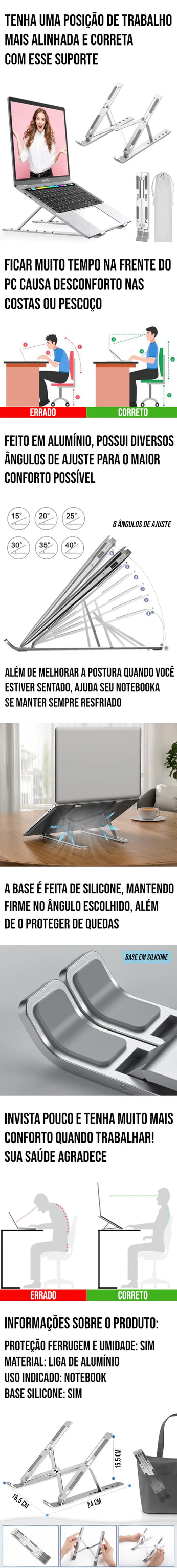 Suporte notebook dobrável ergonômico em alumínio com ajuste de ângulo