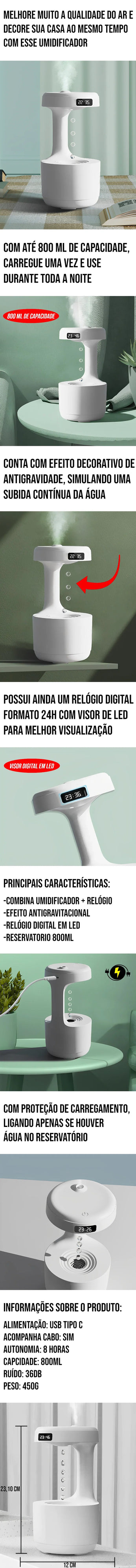 Umidificador de ar antigravitacional com relógio digital em LED, ideal para o quarto