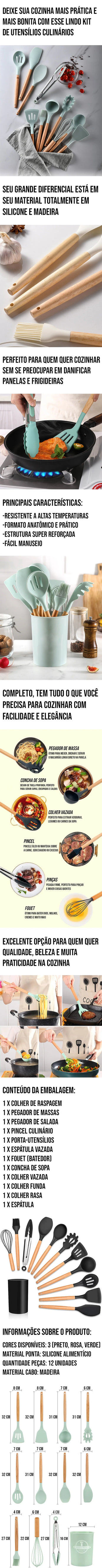 Conjunto de utensílios de silicone com cabo de madeira, 12 peças para cozinha prática e elegante