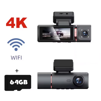 Camera Veicular Interna Full HD com três lentes de 170°, visão noturna e conectividade Wi-Fi para segurança automotiva