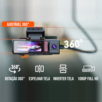 Camera Veicular Interna Full HD com três lentes de 170°, visão noturna e conectividade Wi-Fi para segurança automotiva
