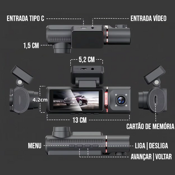 Camera Veicular Interna Full HD com três lentes de 170°, visão noturna e conectividade Wi-Fi para segurança automotiva