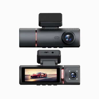 Camera Veicular Interna Full HD com três lentes de 170°, visão noturna e conectividade Wi-Fi para segurança automotiva