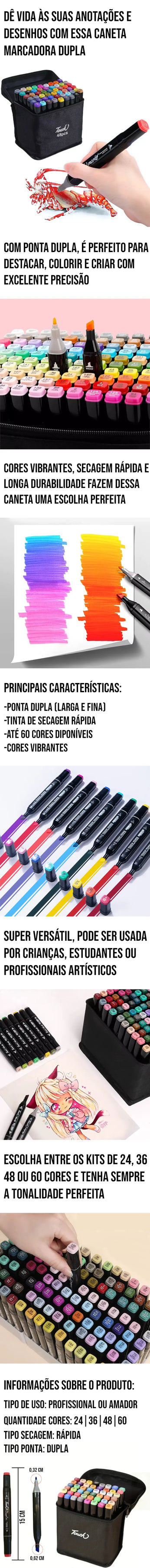 Caneta Marcadora com Ponta Dupla para destaque e coloração, secagem rápida e cores vibrantes