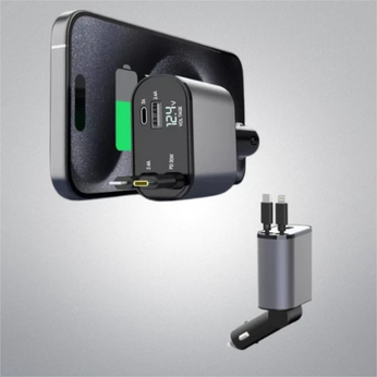 Carregador de Celular Universal para Carros 4 em 1 com carregamento turbo de 120W, cabos retráteis e compatibilidade com iPhone e Android