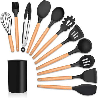 Conjunto de utensílios de silicone com cabo de madeira, 12 peças para cozinha prática e elegante
