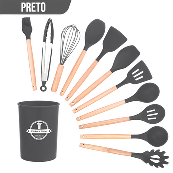 Conjunto de utensílios de silicone com cabo de madeira, 12 peças para cozinha prática e elegante