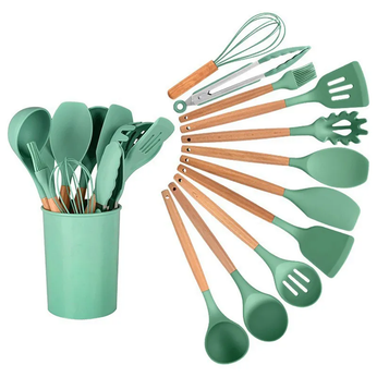 Conjunto de utensílios de silicone com cabo de madeira, 12 peças para cozinha prática e elegante