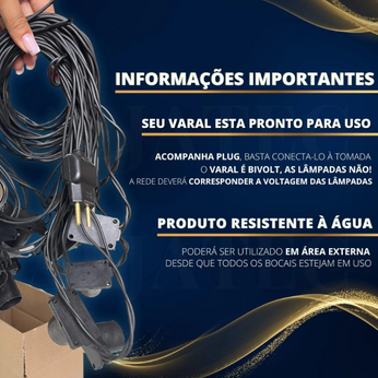 Cordão Varal de Luzes 25 Lâmpadas, ideal para áreas externas, festas e eventos, com 6 metros de comprimento e fácil emenda