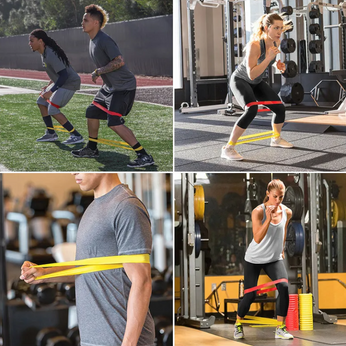 Kit 5 Faixas Elásticas Thera Band com diferentes níveis de intensidade, ideal para exercícios de resistência e flexibilidade