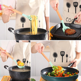 Conjunto de utensílios de silicone com cabo de madeira, 12 peças para cozinha prática e elegante