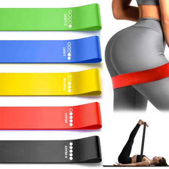 Kit 5 Faixas Elásticas Thera Band com diferentes níveis de intensidade, ideal para exercícios de resistência e flexibilidade