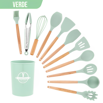 Conjunto de utensílios de silicone com cabo de madeira, 12 peças para cozinha prática e elegante