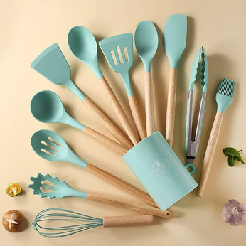 Conjunto de utensílios de silicone com cabo de madeira, 12 peças para cozinha prática e elegante