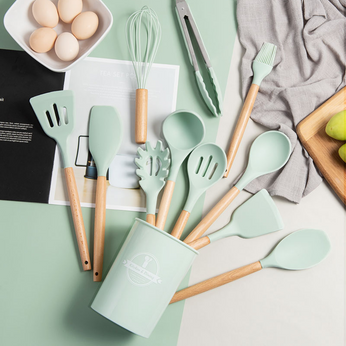 Conjunto de utensílios de silicone com cabo de madeira, 12 peças para cozinha prática e elegante