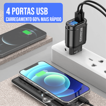 Carregador Rápido USB 4 Portas, com porta de carregamento rápido 3.0, compatível com todos os dispositivos USB
