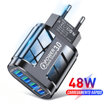 Carregador Rápido USB 4 Portas, com porta de carregamento rápido 3.0, compatível com todos os dispositivos USB