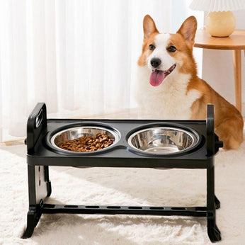 Comedouro Ajustável para Cachorro e Gato, com 2 tigelas de aço inox removíveis, ajustável em 4 alturas, ideal para todas as fases