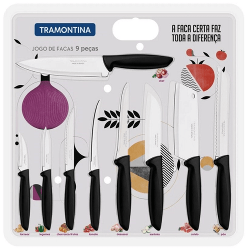 Jogo de Facas Tramontina Plenus Inox Premium, 9 peças com lâminas de aço inox, duráveis e fáceis de limpar